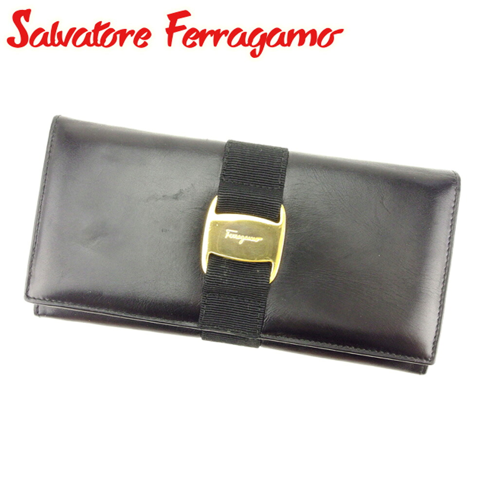 【お買い物マラソン★30％OFFクーポン】サルヴァトーレ フェラガモ 長財布 ファスナー付き 財布 ヴァラ ブラック ゴールド レザー Salvatore Ferragamo 【フェラガモ】 t7702s 【中古】 ブランド ハイブランド ヴィンテージ 送料無料
