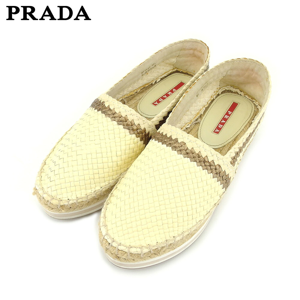 【お買い物マラソン★30％OFFクーポン】プラダ PRADA スリッポン シューズ 靴 レディース ♯3ハーフ ベージュ レザー 【プラダ】 T9243 【中古】 ブランド ハイブランド ヴィンテージ 送料無料｜ブランドデポ TOKYO