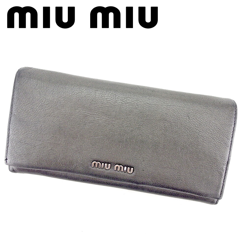 【お買い物マラソン★30％OFFクーポン】ミュウミュウ 長財布 ブランド財布 さいふ ファスナー付き 財布 グレー 灰色 シルバー レザー ロゴ 【中古】 t9524 ブランド ハイブランド ヴィンテージ 送料無料