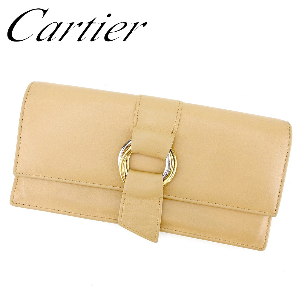 【お買い出しマラソン★30％OFF引き換え証】カルティエ 長紙入れ ジッパー付き添い人 紙入れ トリニティ ベージュ ゴールド しろがね色 なめし革 Cartier 【カルティエ】 t9526s 【中古】 ブランド名 ご機嫌ブランド名 ヴィンテージ 貨物輸送無料