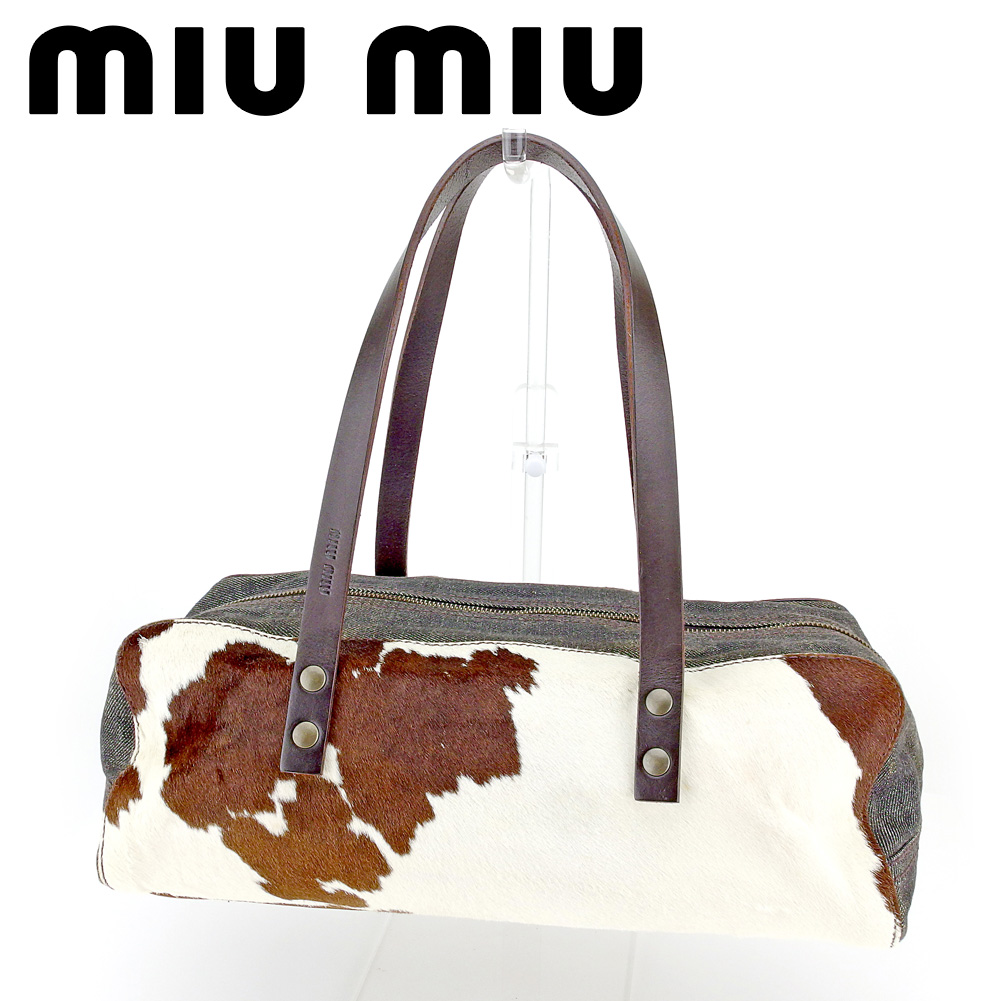 中古 シャネル ミュウミュウ Miu Miu ショルダーバッグ スーパー ミニボストンバッグ Miu ハラココンビ レディース メンズ ベージュ ブラウン ネイビー クリスマス プレゼント バック ブランド 人気 収納 在庫一掃 1点物 兼用 男性 女性 良品 T9344 ブランドデポ Tokyo