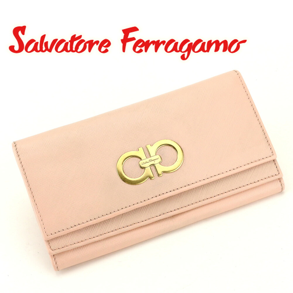 【決算前SALE★50％OFF引き換え証】サルヴァトーレ フェラガモ 長札入れ ブランド名札入れ さいふ ジッパー付き添い人 札入れ サクラ色 ゴールド W下げ翼 なめし革 ガンチーニ l2664 【中古】 ブランド名 ご機嫌ブランド名 ヴィンテージ 貨物輸送無料 バッグ・小物・ブランド雑貨-財布・ケース-レディース財布