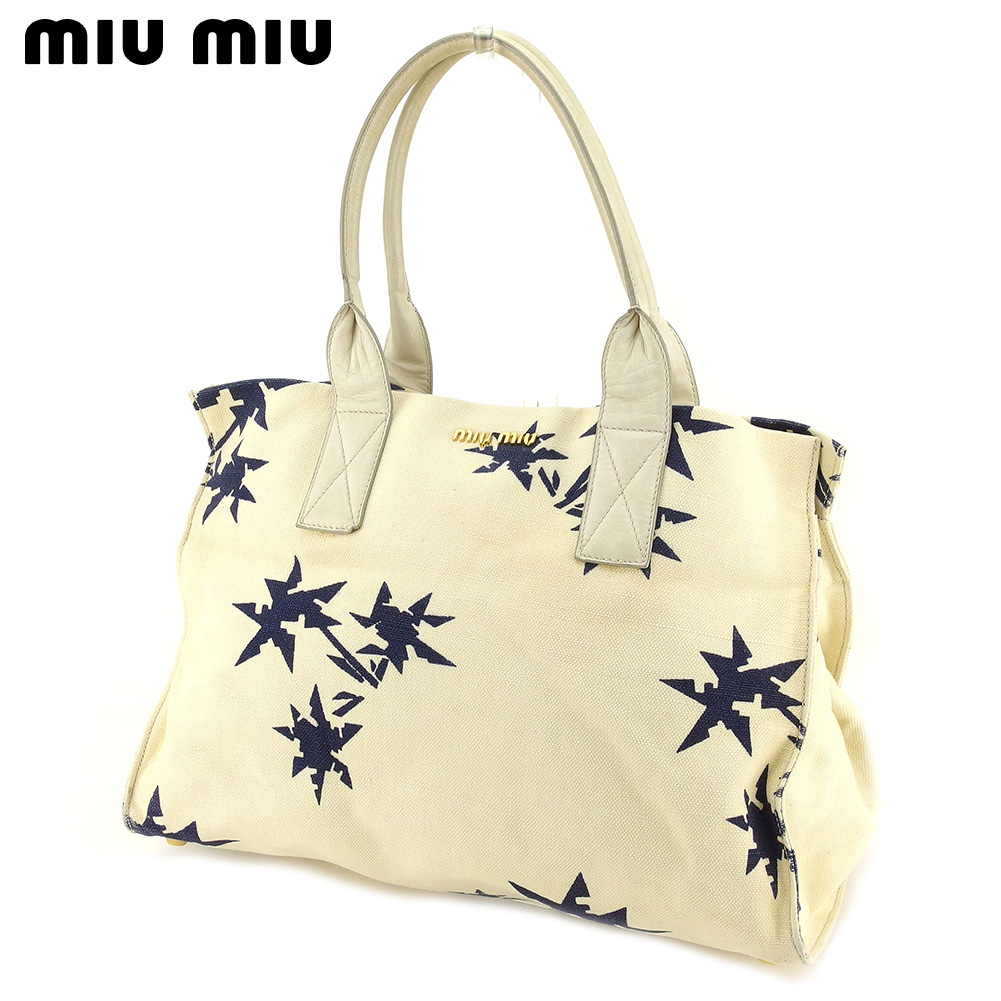 中古 ミュウミュウ Miu Miu Miu メンズ トートバッグ Miu トート ショルダーバッグ 星柄 レディース メンズ ベージュ ネイビー ゴールド クリスマス プレゼント バック ブランド 人気 収納 在庫一掃 1点物 兼用 男性 女性 良品 T ブランドデポ Tokyo トートバッグ