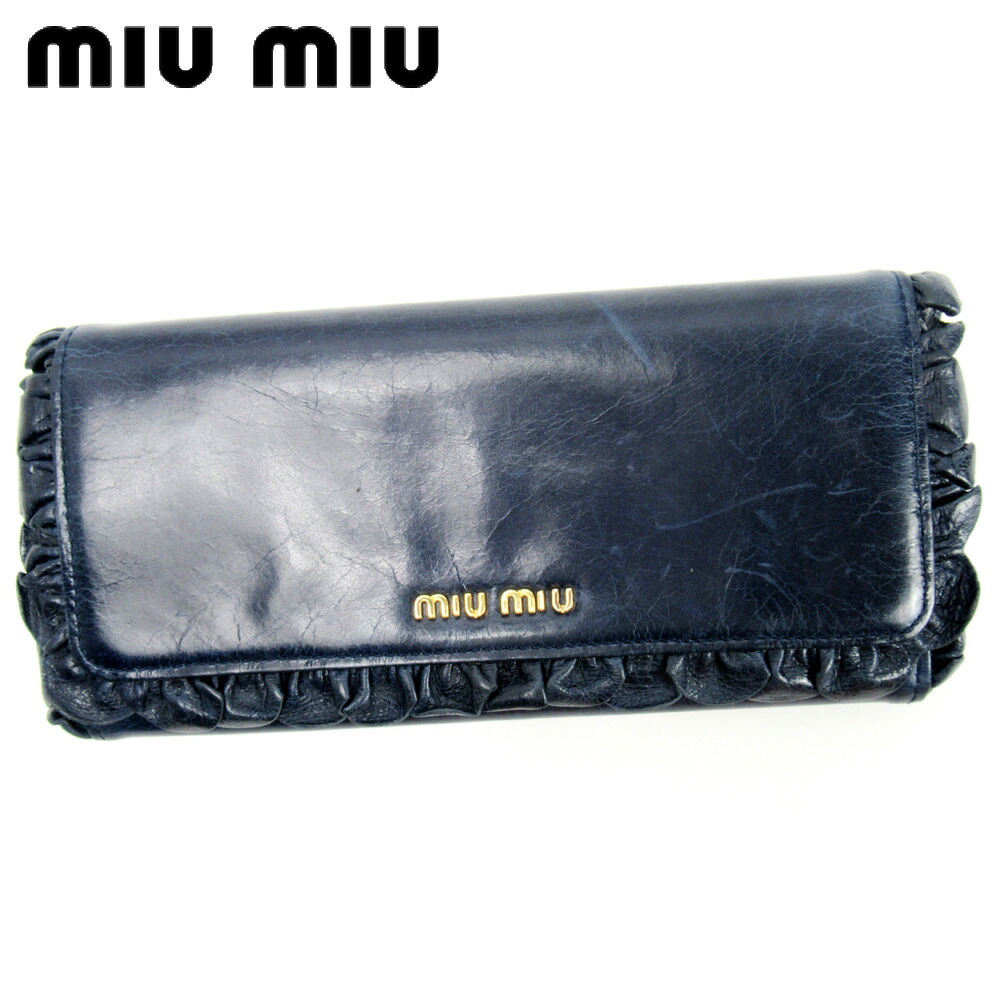 【お買い物マラソン★30％OFFクーポン】ミュウミュウ 長財布 ブランド財布 さいふ ファスナー付き 長財布 ネイビー PVC×レザ- フリル t10307 【中古】 ブランド ハイブランド ヴィンテージ 送料無料