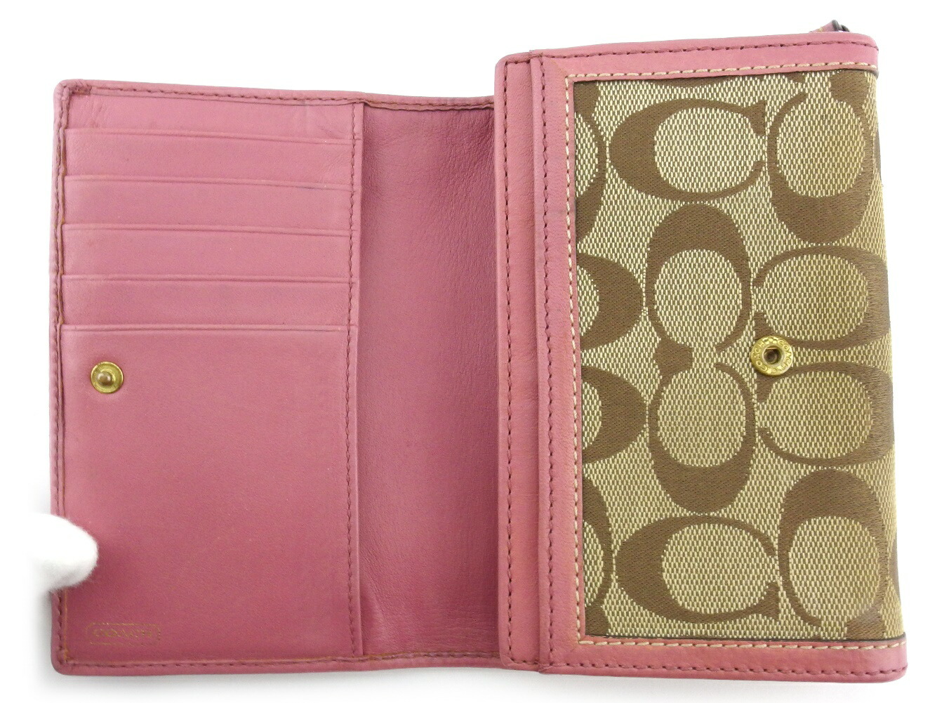 中古 コーチ L字ファスナー 財布 二つ折り レディース シグネチャー ベージュ ブラウン ピンク キャンバス レザー Coach A1876 Aasepticin Com