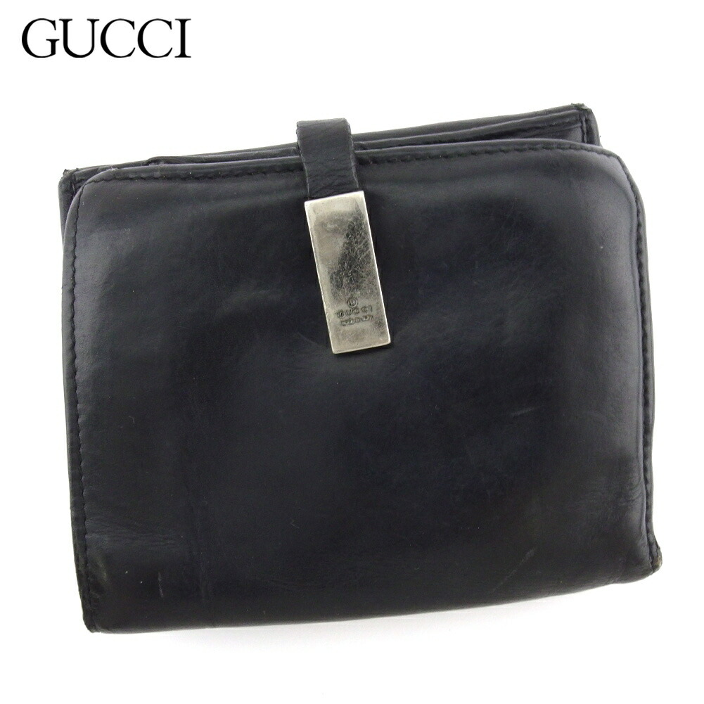 【百貨店SALE★最大限度50％OFF】グッチ W引っかかり 紙入れ 二つ折り ミニ紙入れ メンズ ロゴタイプ一皿 黒いこと しろがね色 なめし革 GUCCI 【中古】 a1878s ブランド名 ご機嫌ブランド名 ヴィンテージ 貨物輸送無料