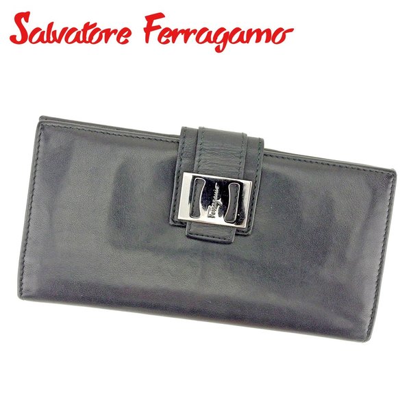 【お買い物マラソン★30％OFFクーポン】サルヴァトーレ フェラガモ 長財布 ファスナー付き 財布 ヴァラ ブラック シルバー レザー Salvatore Ferragamo 【フェラガモ】 t9356s 【中古】 ブランド ハイブランド ヴィンテージ 送料無料