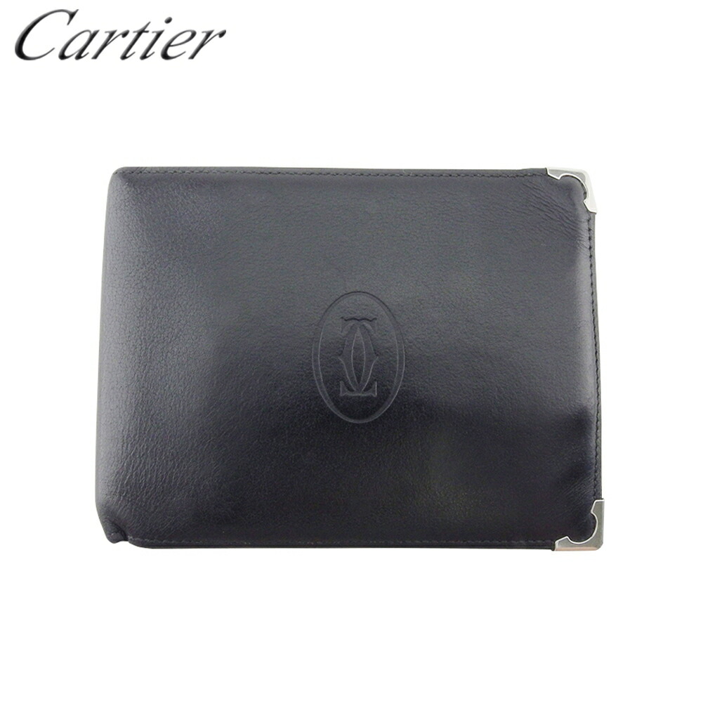 【百貨店SALE★最大限度50％OFF】【中古】 カルティエ 二つ折り 紙入れ ミニ紙入れ レディース メンズ カボション 黒いこと ボルドーワイン しろがね色 なめし革 Cartier T20458 ブランド名 ご機嫌ブランド名 ヴィンテージ 貨物輸送無料