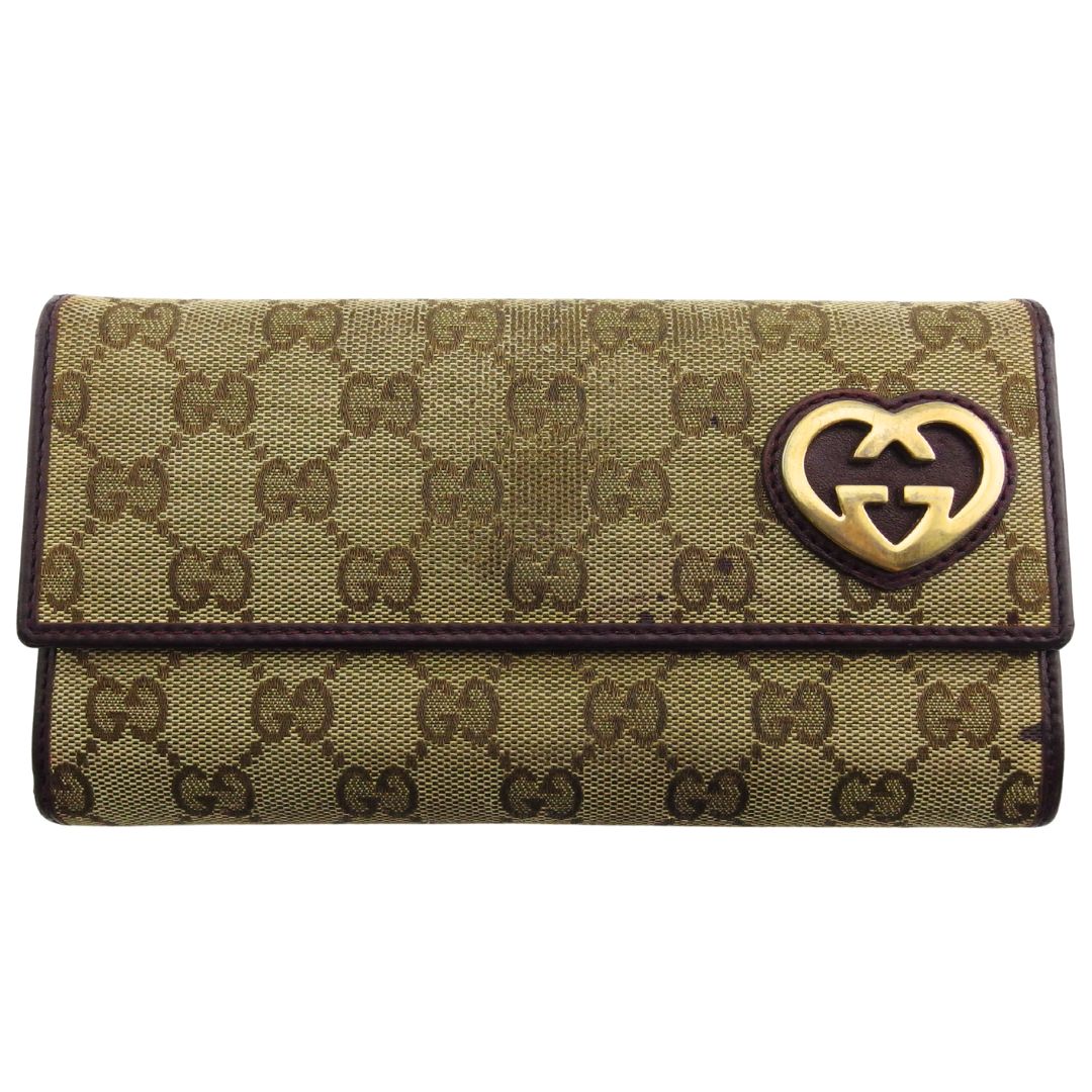 【土日BIG SALE★27％OFF引き換え証】グッチ GUCCI 長紙入れ GG帆布 ラブリーハート ベージュ 赤銅色 レディース 中古 ブランド名 ご機嫌ブランド名 ヴィンテージ