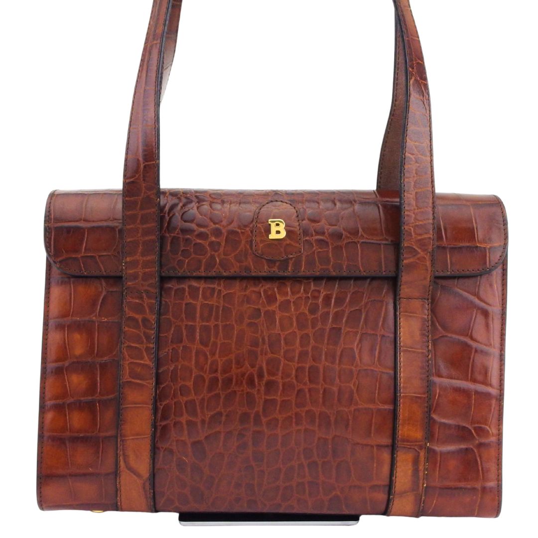【お買い物マラソン★30％OFFクーポン】バリー BALLY トートバッグ クロコ調 Bマーク付き ブラウン レディース 中古 ブランド ハイブランド ヴィンテージ