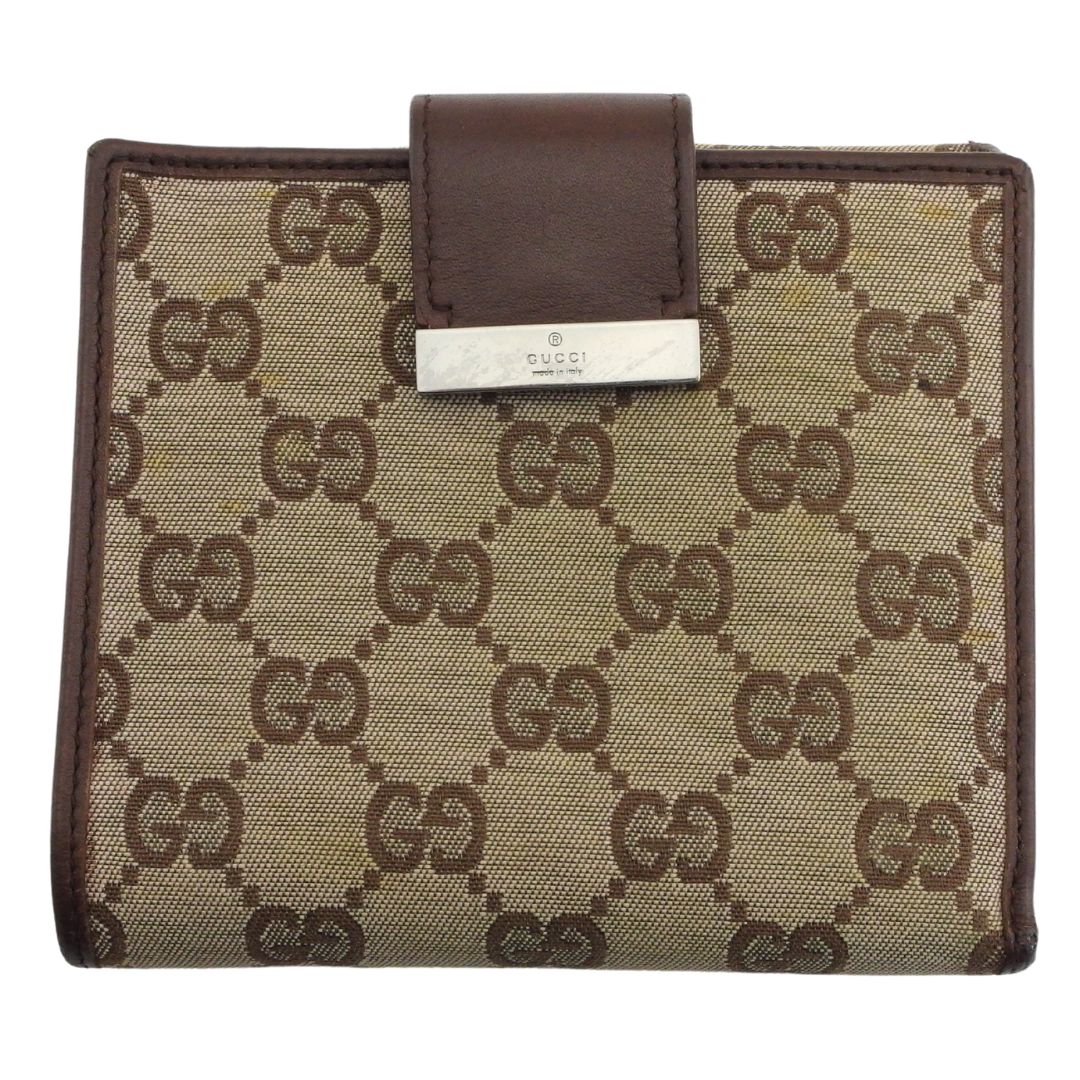 【土日BIG SALE★27％OFF引き換え証】グッチ GUCCI 二つ折り紙入れ GG帆布 ロゴタイプ本塁 ベージュ 赤銅色 レディース 中古 ブランド名 ご機嫌ブランド名 ヴィンテージ