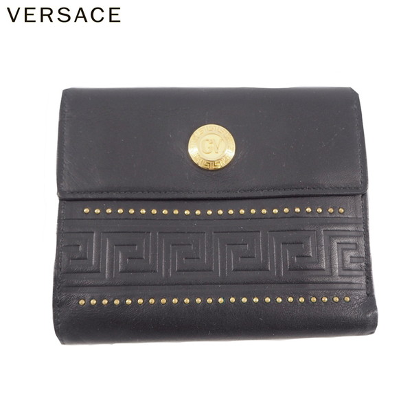 【Fashion Special Fair★24％OFFクーポン】ヴェルサーチ VERSACE 二つ折り財布 ブラック×ゴールド レディース 中古 ブランド ハイブランド ヴィンテージ