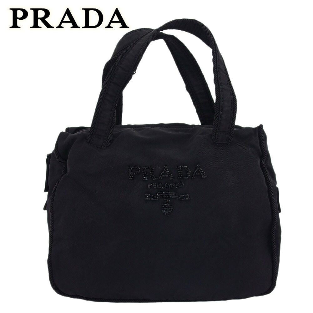 【新生活応援★29％OFFクーポン】プラダ PRADA ハンドバッグ ビーズロゴ ブラック レディース 中古 ブランド ハイブランド ヴィンテージ