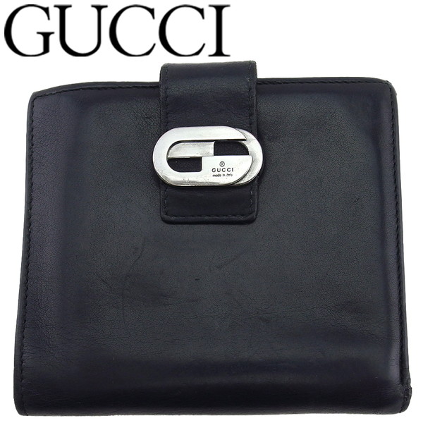 【お買い物マラソン★30%OFFクーポン】グッチ GUCCI 三つ折り財布 ブラック×真鍮シルバー メンズ 中古 ブランド ハイブランド ヴィンテージ|ブランドデポ