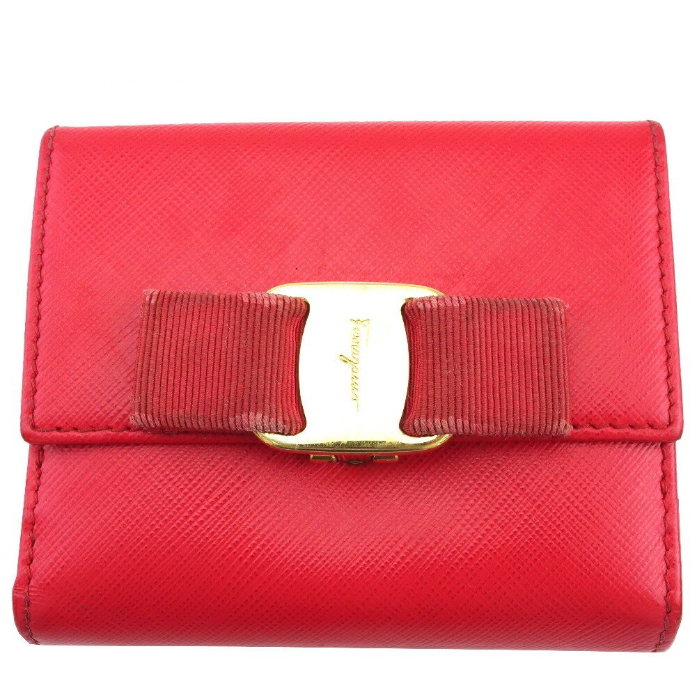 【Fashion Special Fair★24％OFFクーポン】サルヴァトーレフェラガモ 二つ折り財布 ヴァラ金具 レッド×ゴールド レディース 中古 Salvatore Ferragamo ブランド ハイブランド ヴィンテージ