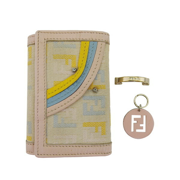 【お買い物マラソン★30％OFFクーポン】フェンディ キーケース ズッカ ピンク×ライトブルー×イエロー レディース 中古 FENDI ブランド ハイブランド ヴィンテージ