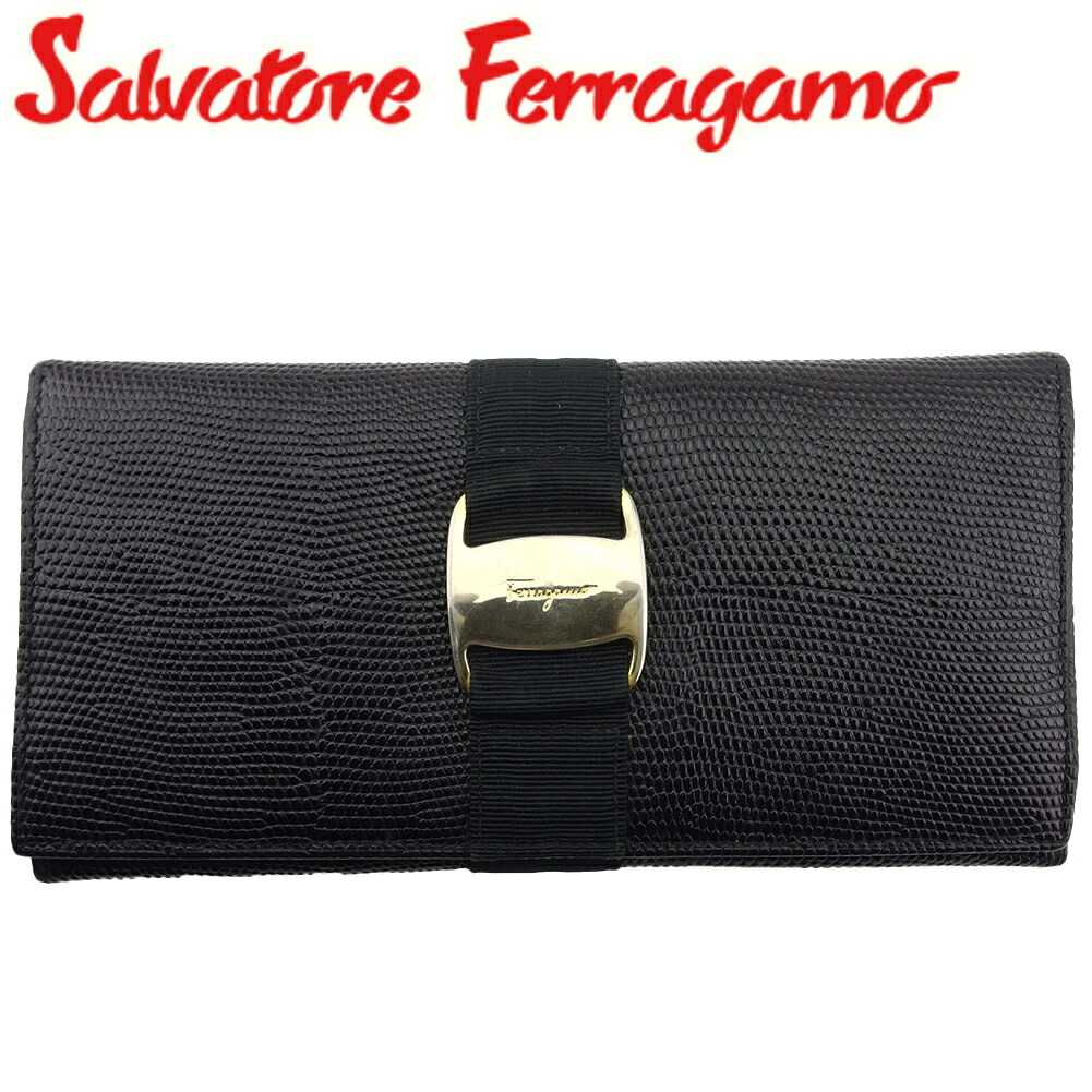 【新生活応援★29％OFFクーポン】サルヴァトーレフェラガモ Salvatore Ferragamo 二つ折り財布 ヴァラ金具 ブラック　ゴールド メンズ 中古 ブランド ハイブランド ヴィンテージ