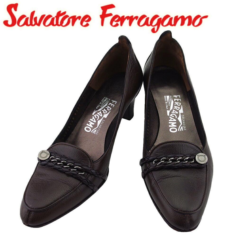 【お買い物マラソン★30％OFFクーポン】サルヴァトーレフェラガモ Salvatore Ferragamo パンプス ガンチーニボタン ♯4ハーフD チェーン ブラウン レディース 中古 ブランド ハイブランド ヴィンテージ 18,585円