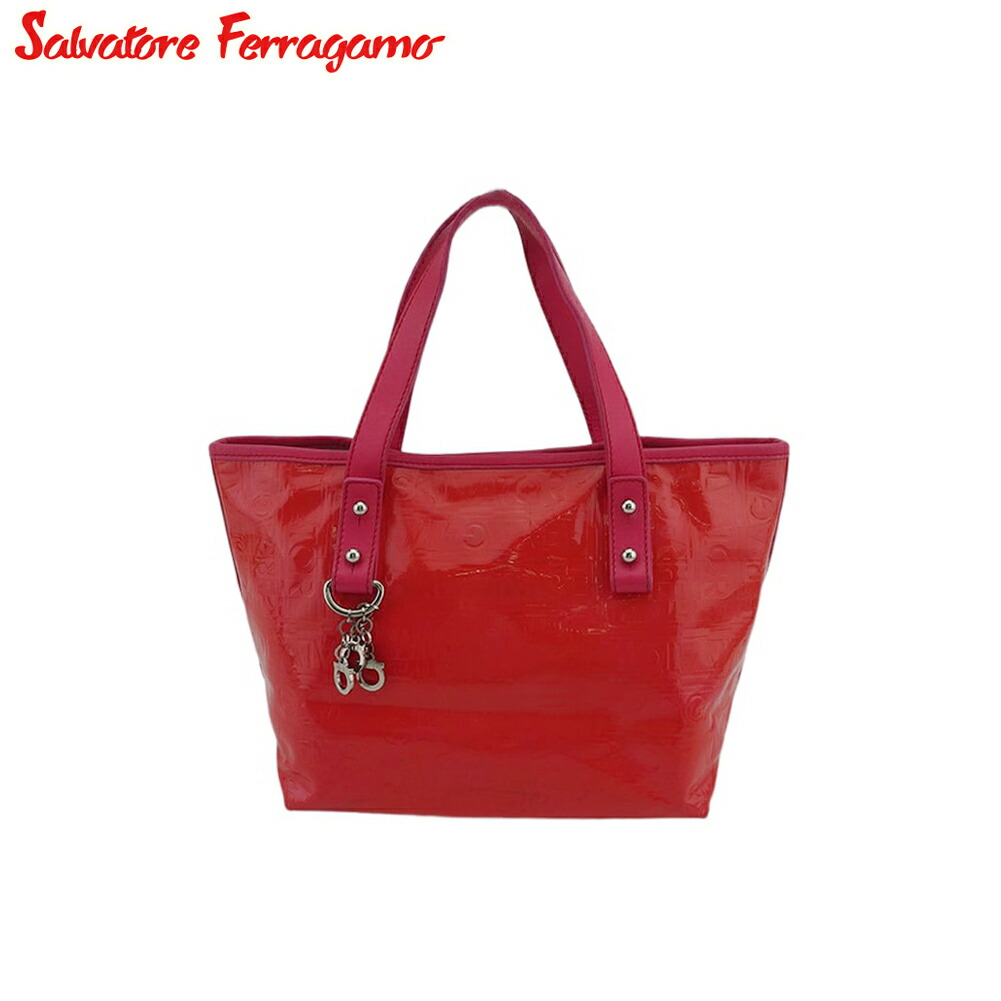 【新生活応援★29％OFFクーポン】サルヴァトーレフェラガモ Salvatore Ferragamo ハンドバッグ ロゴ柄 ガンチーニチャーム付き レッド ピンク シルバー メンズ 中古 ブランド ハイブランド ヴィンテージ