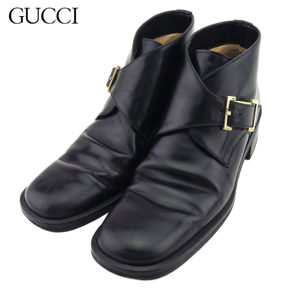 【お買い物マラソン★30％OFFクーポン】グッチ GUCCI ブーツ モンクストラップ ♯36C ショート アンクル ブーツ ブラック ゴールド レディース 中古 ブランド ハイブランド ヴィンテージ