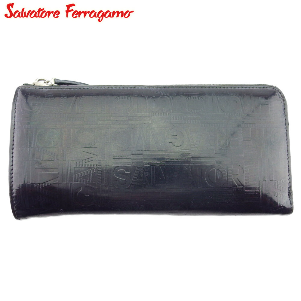 【雨季得SALE★21％OFFクーポン券】サルヴァトーレフェラガモ Salvatore Ferragamo 長紙入れ ロゴタイプ柄 米国海軍 しろがね色 レディース 中古 ブランド名 ご機嫌ブランド名 ヴィンテージ