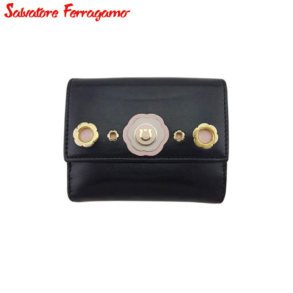 【Fashion Special Fair★24％OFFクーポン】サルヴァトーレフェラガモ Salvatore Ferragamo 二つ折り財布 フラワーモチーフ ブラック　ピンク レディース 中古 ブランド ハイブランド ヴィンテージ