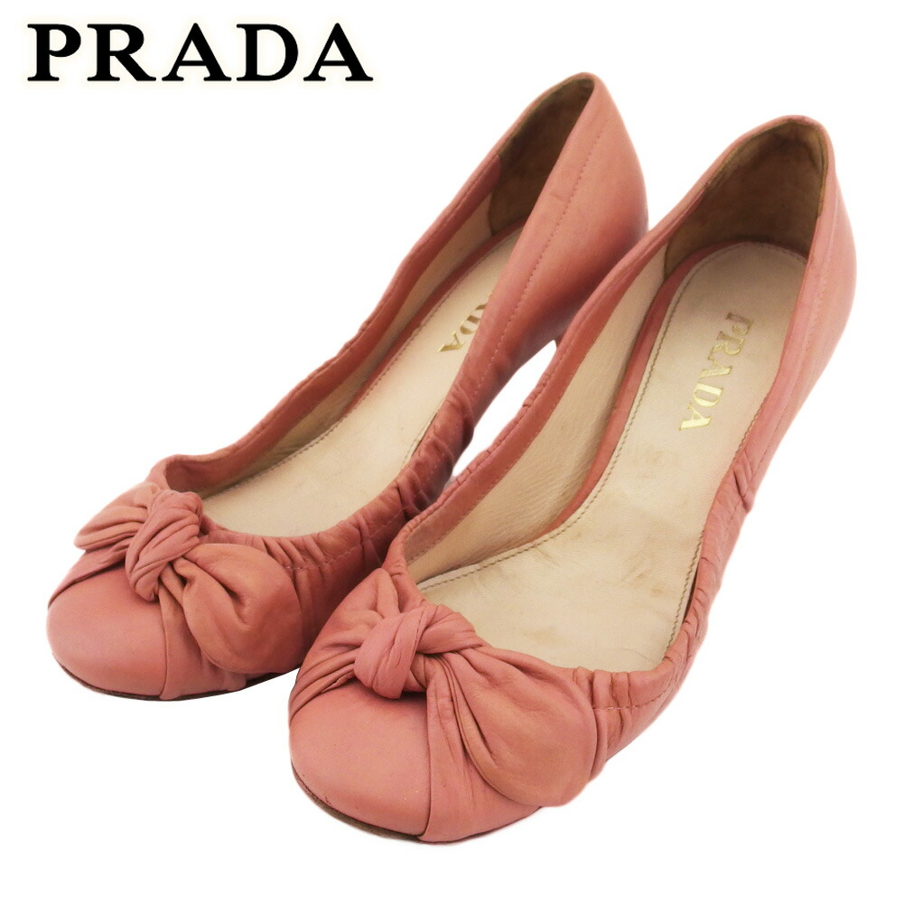 【月代わりの人大売り出し★29％OFFクーポン券】プラダ PRADA パンプス シュロの葉主題 ♯35二分の一 ラウンドトゥ サクラ色 ゴールド レディース 中古 ブランド名 ご機嫌ブランド名 ヴィンテージ