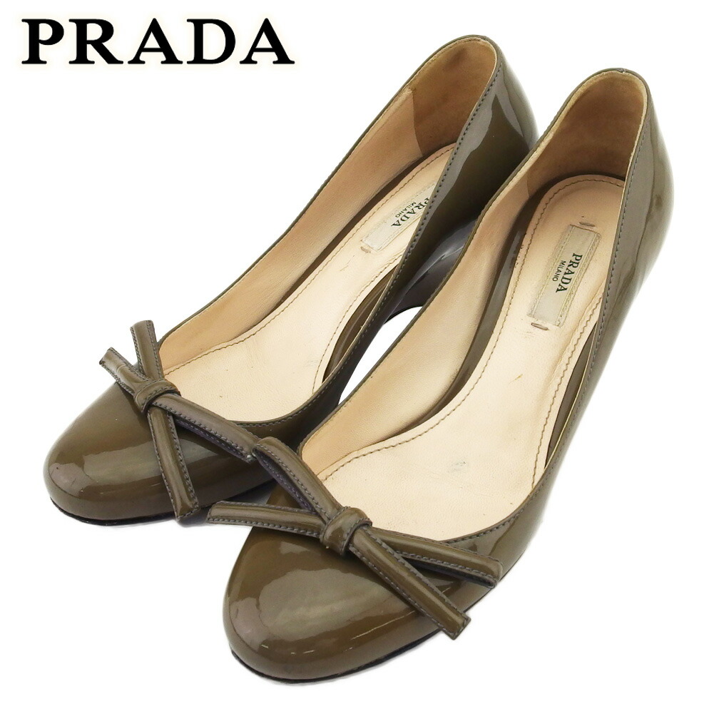 【月代わりの人大売り出し★29％OFFクーポン券】プラダ PRADA パンプス シュロの葉 ♯35 ウェッジソール 緑であること 赤銅色 レディース 中古 ブランド名 ご機嫌ブランド名 ヴィンテージ