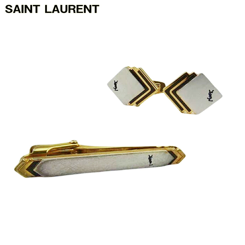 【雨季得SALE★21％OFF引き換え証】サンローラン SAINT LAURENT 折り返し 2個条仕掛ける YSLロゴタイプ スウィヴル式 ワニロ式 しろがね色 ゴールド 黒いこと メンズ 中古 ブランド名 御機嫌ブランド名 ヴィンテージ