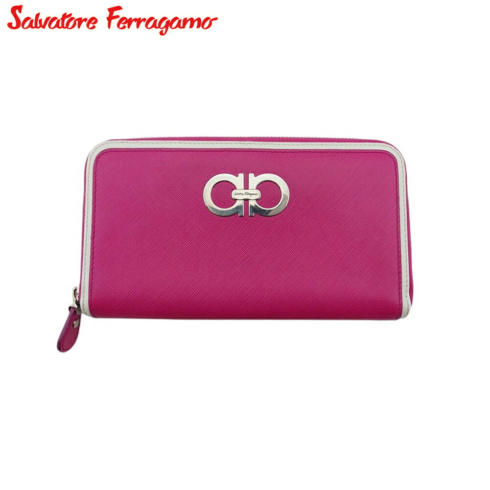【雨季得SALE★21％OFF引き換え証】サルヴァトーレフェラガモ Salvatore Ferragamo 長札入れ ガンチーニ サクラ色 白いこと 白 しろがね色 メンズ 中古 ブランド名 御機嫌ブランド名 ヴィンテージ