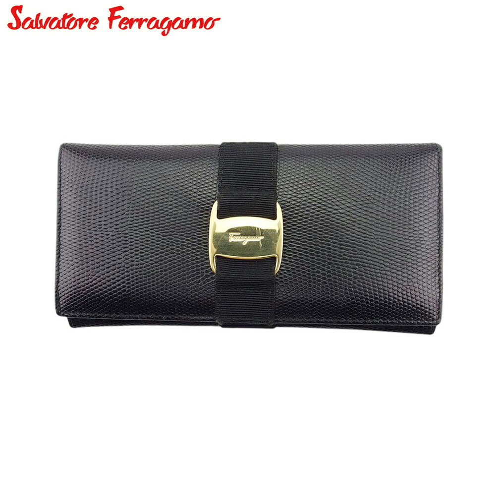 【お買い出しマラソン★30％OFFクーポン券】サルヴァトーレフェラガモ Salvatore Ferragamo 長がま口 ヴァラ 蜥蜴調 黒いこと ゴールド レディース 中古 ブランド名 ご機嫌ブランド名 ヴィンテージ レディース財布-バッグ・小物・ブランド雑貨-財布・ケース