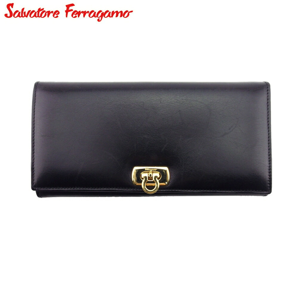 【雨季得SALE★21％OFF引き換え証】サルヴァトーレフェラガモ Salvatore Ferragamo 長札入れ ガンチーニ 黒いこと ゴールド メンズ 中古 ブランド名 御機嫌ブランド名 ヴィンテージ