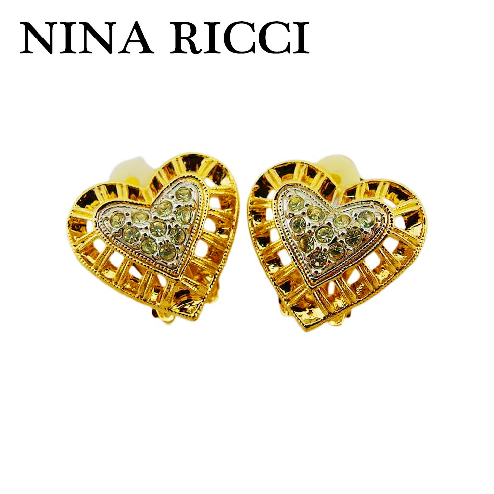 【決算前SALE★50％OFFクーポン】ニナリッチ NINA RICCI イヤリング ハート ラインストーン付き クリップ式 ゴールド シルバー レディース 中古 ブランド ハイブランド ヴィンテージ