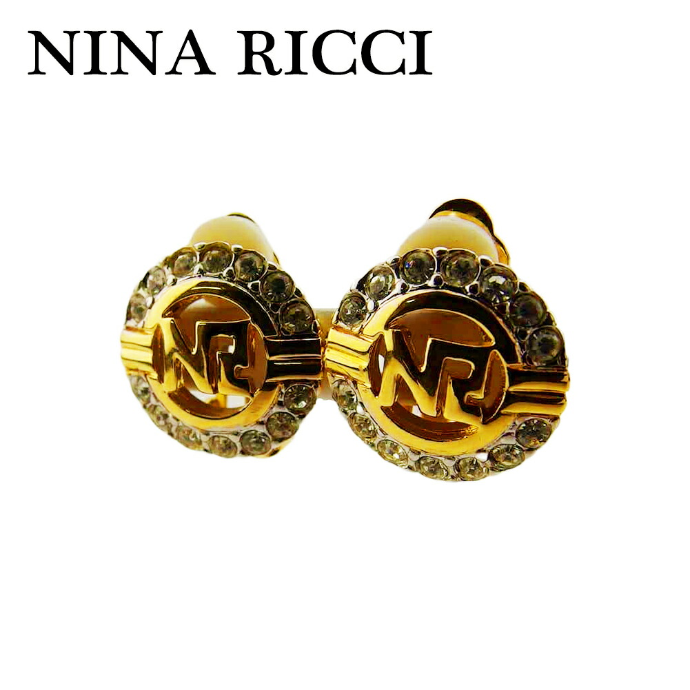 【お買い物マラソン★30％OFFクーポン】ニナリッチ NINA RICCI イヤリング NRマーク ラインストーン付き クリップ式 ゴールド レディース 中古 ブランド ハイブランド ヴィンテージ