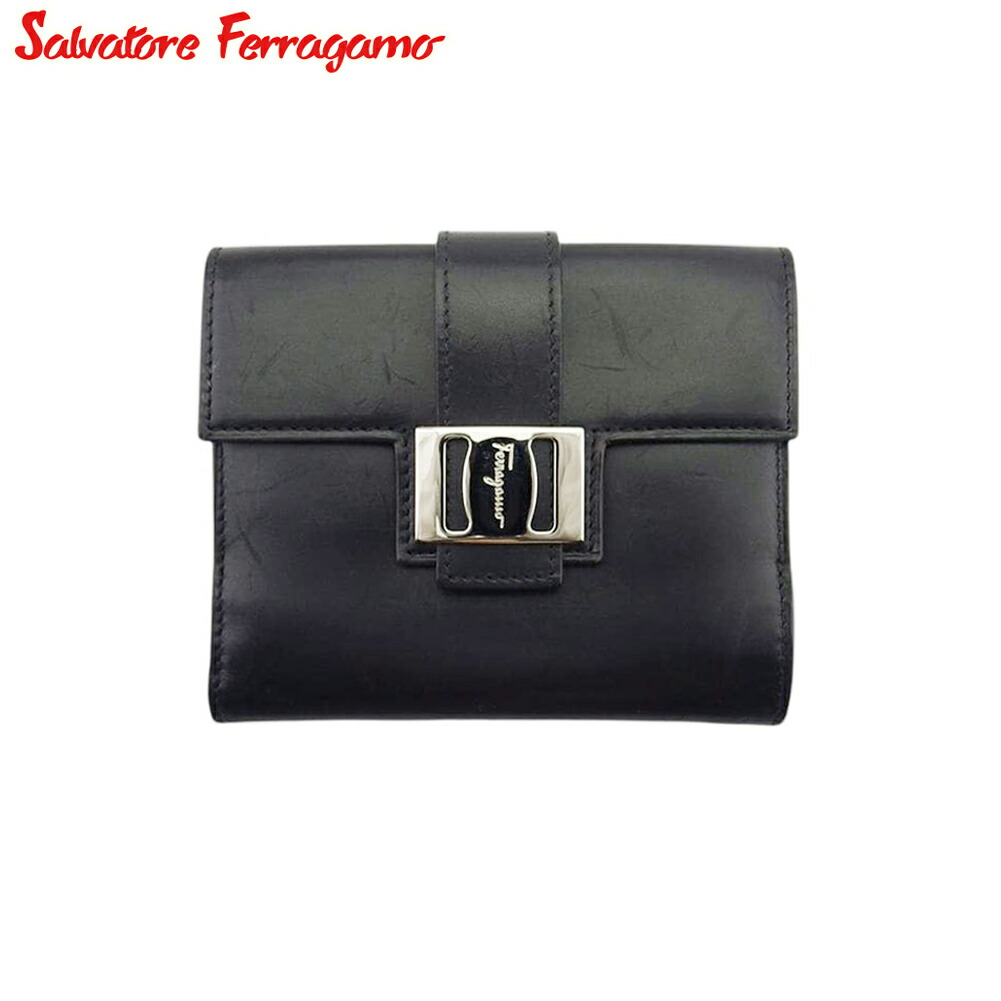 【新生活応援★29％OFFクーポン】サルヴァトーレフェラガモ Salvatore Ferragamo 二つ折り財布 ヴァラ ブラック シルバー メンズ 中古 ブランド ハイブランド ヴィンテージ 23,432円