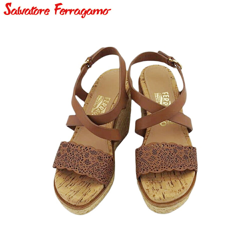 【お買い物マラソン★30％OFFクーポン】サルヴァトーレフェラガモ Salvatore Ferragamo サンダル クロスデザイン ♯6C ウェッジソール ブラウン ベージュ ゴールド メンズ 中古 ブランド ハイブランド ヴィンテージ 31,875円