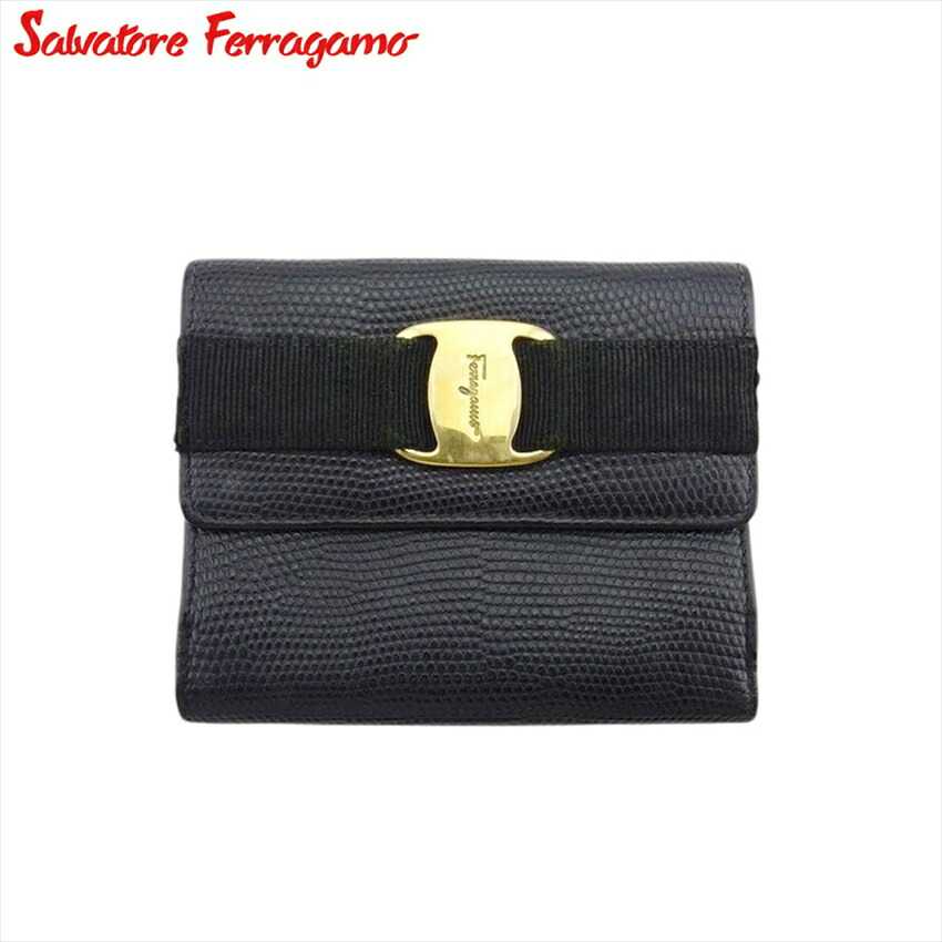 【お買い出しマラソン★30％OFF引き換え証】サルヴァトーレフェラガモ Salvatore Ferragamo 二つ折り札入れ ヴァラ 蜥蜴調 黒いこと ゴールド レディース 中古 ブランド名 ご機嫌ブランド名 ヴィンテージ 財布・ケース-バッグ・小物・ブランド雑貨-レディース財布