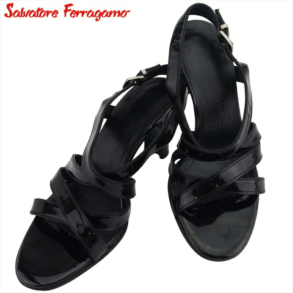 【Fashion Special Fair★24％OFFクーポン】サルヴァトーレフェラガモ Salvatore Ferragamo サンダル クロスデザイン アンクルストラップ ブラック シルバー レディース 中古 ブランド ハイブランド ヴィンテージ