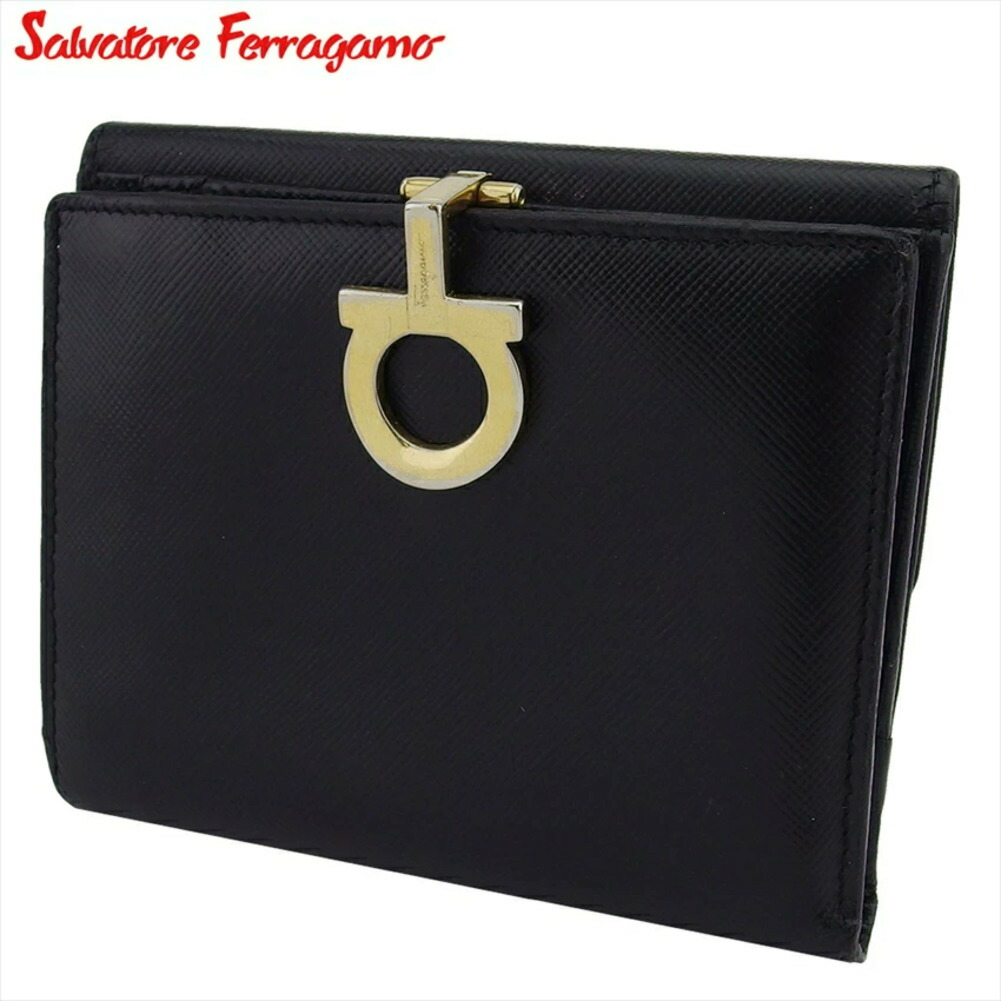 【新生活応援★29％OFFクーポン】サルヴァトーレフェラガモ Salvatore Ferragamo 二つ折り財布 ガンチーニ ブラック ゴールド レディース 中古 ブランド ハイブランド ヴィンテージ