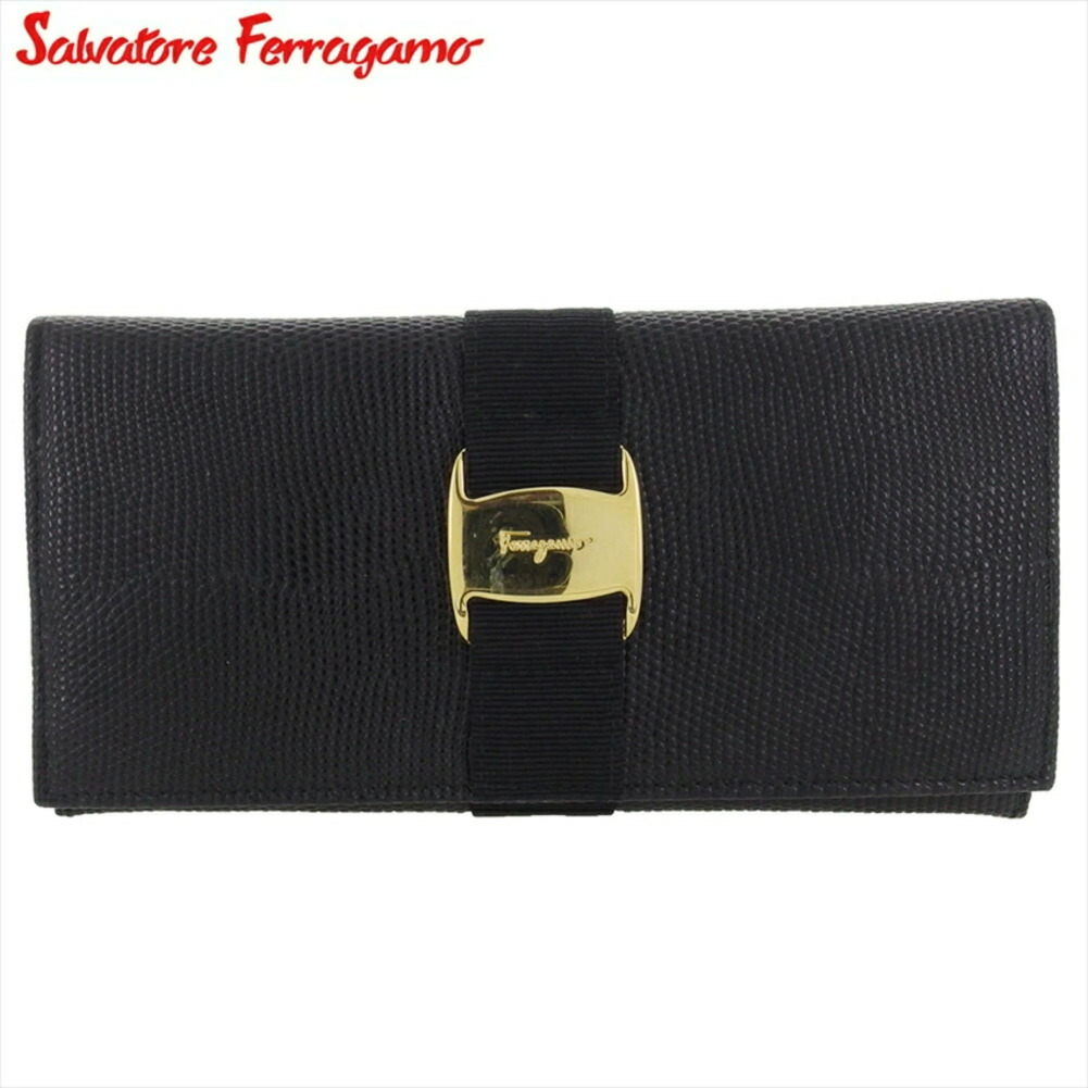 【お買い物マラソン★30％OFFクーポン】サルヴァトーレフェラガモ Salvatore Ferragamo 長財布 ヴァラ リザード調 ブラック ゴールド レディース 中古 ブランド ハイブランド ヴィンテージ