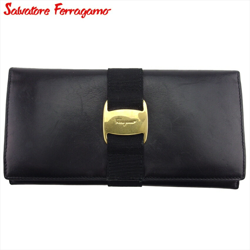【お買い物マラソン★30％OFFクーポン】サルヴァトーレフェラガモ Salvatore Ferragamo 長財布 ヴァラ ブラック ゴールド メンズ 中古 ブランド ハイブランド ヴィンテージ