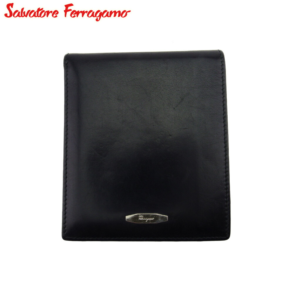 【百貨店SALE★最大限度50％OFF】サルヴァトーレフェラガモ Salvatore Ferragamo 二つ折り紙入れ ロゴタイプ一皿 黒いこと しろがね色 メンズ 中古 ブランド名 ご機嫌ブランド名 ヴィンテージ