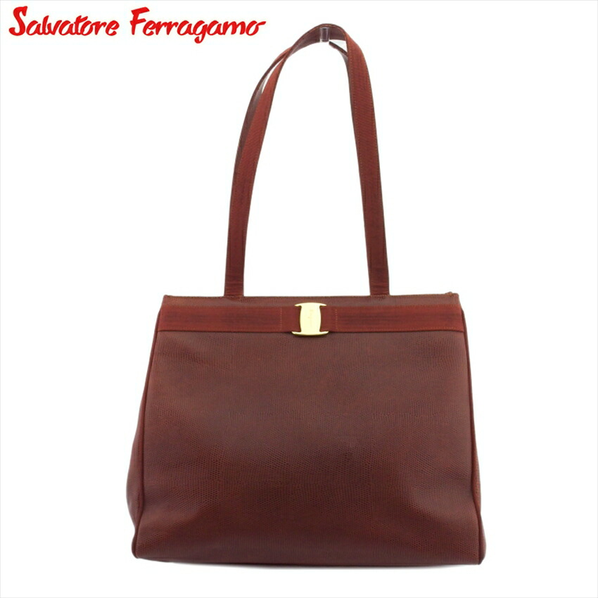 【お買い物マラソン★30%OFFクーポン】サルヴァトーレフェラガモ Salvatore Ferragamo トートバッグ ヴァラ リザード調 ブラウン ゴールド メンズ 中古 ブランド ハイブランド ヴィンテージ|ブランドデポ