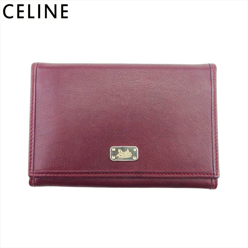 【百貨店SALE★最大限度50％OFF】セリーヌ CELINE 三つ折り紙入れ ホースキャリッジプレート ボルドーワイン ゴールド レディース 中古 ブランド名 ご機嫌ブランド名 ヴィンテージ