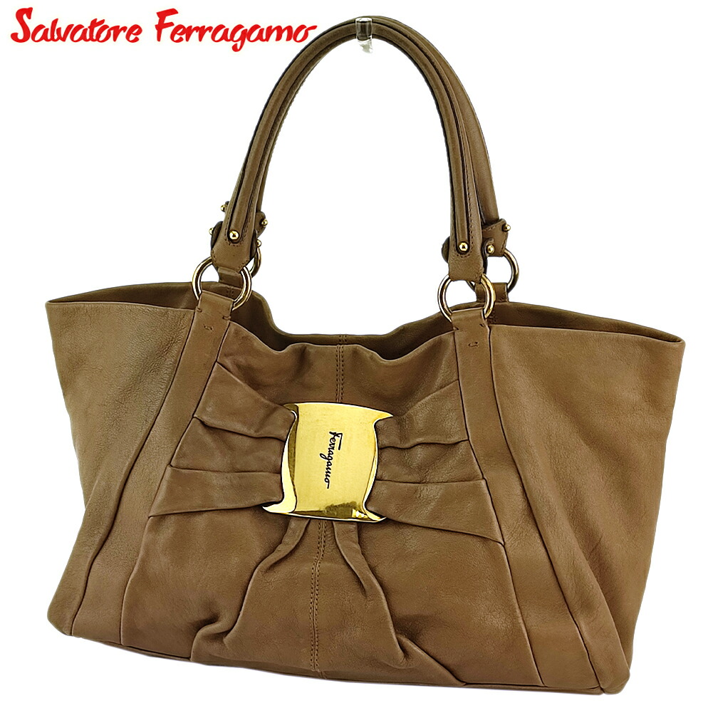 【お買い物マラソン★30%OFFクーポン】サルヴァトーレフェラガモ Salvatore Ferragamo トートバッグ ヴァラ ブラウン ゴールド メンズ 中古 ブランド ハイブランド ヴィンテージ|ブランドデポ