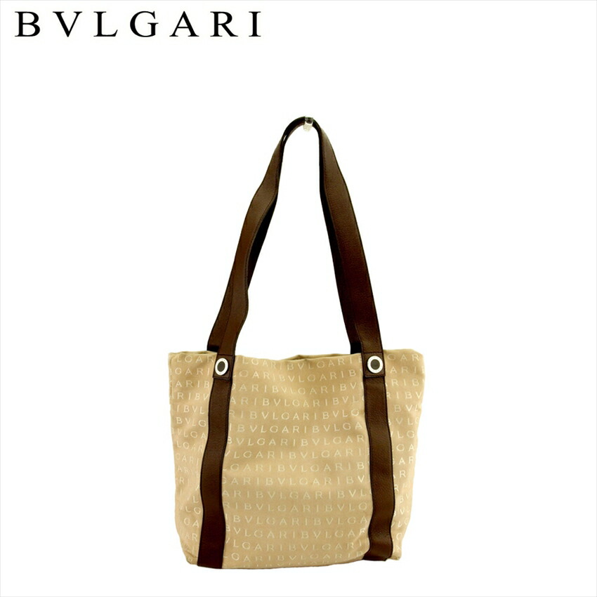 【新生活応援★29％OFFクーポン】ブルガリ BVLGARI トートバッグ ロゴマニア ベージュ ブラウン シルバー レディース 中古 ブランド ハイブランド ヴィンテージ