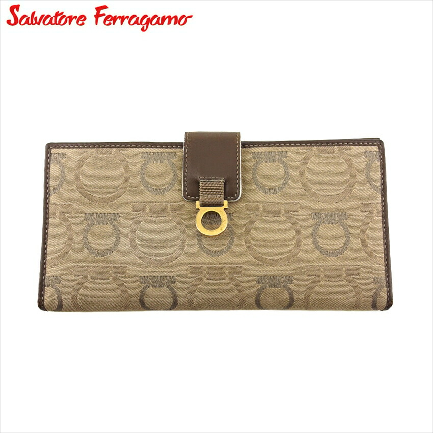 【新生活応援★29％OFFクーポン】サルヴァトーレフェラガモ Salvatore Ferragamo 長財布 ガンチーニ柄 ベージュ ブラウン グレー 灰色 メンズ 中古 ブランド ハイブランド ヴィンテージ
