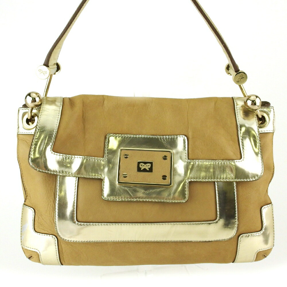 【月入り替わり大売り出し★29％OFF引き換え証】アニヤ・ハインドマーチ Anya Hindmarch ショルダーバッグ シュロの葉目じるし ベージュ ゴールド レディース 中古 ブランド名 御機嫌ブランド名 ヴィンテージ