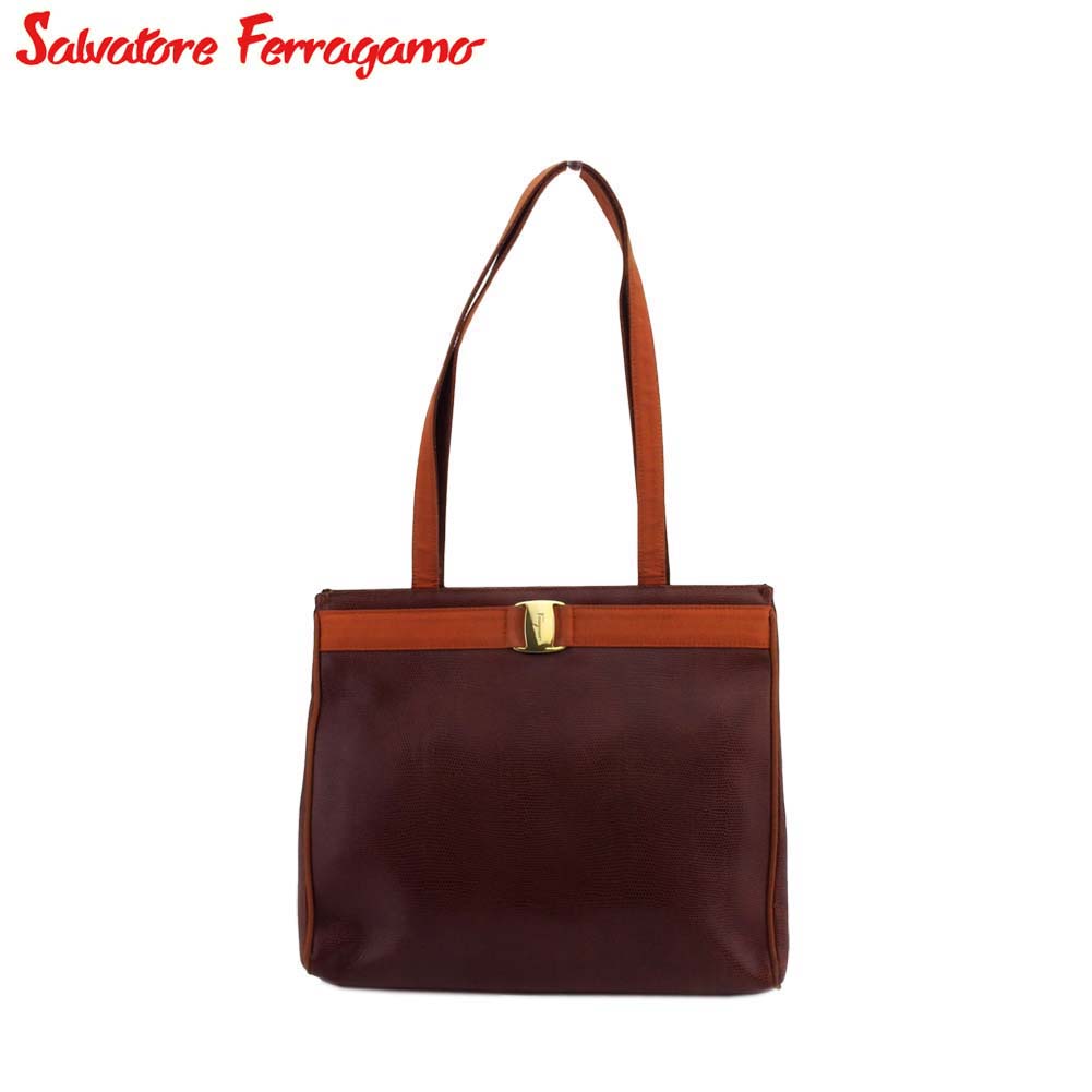 【お買い物マラソン★30％OFFクーポン】サルヴァトーレフェラガモ Salvatore Ferragamo トートバッグ ヴァラ リザード調 ブラウン ゴールド メンズ 中古 ブランド ハイブランド ヴィンテージ