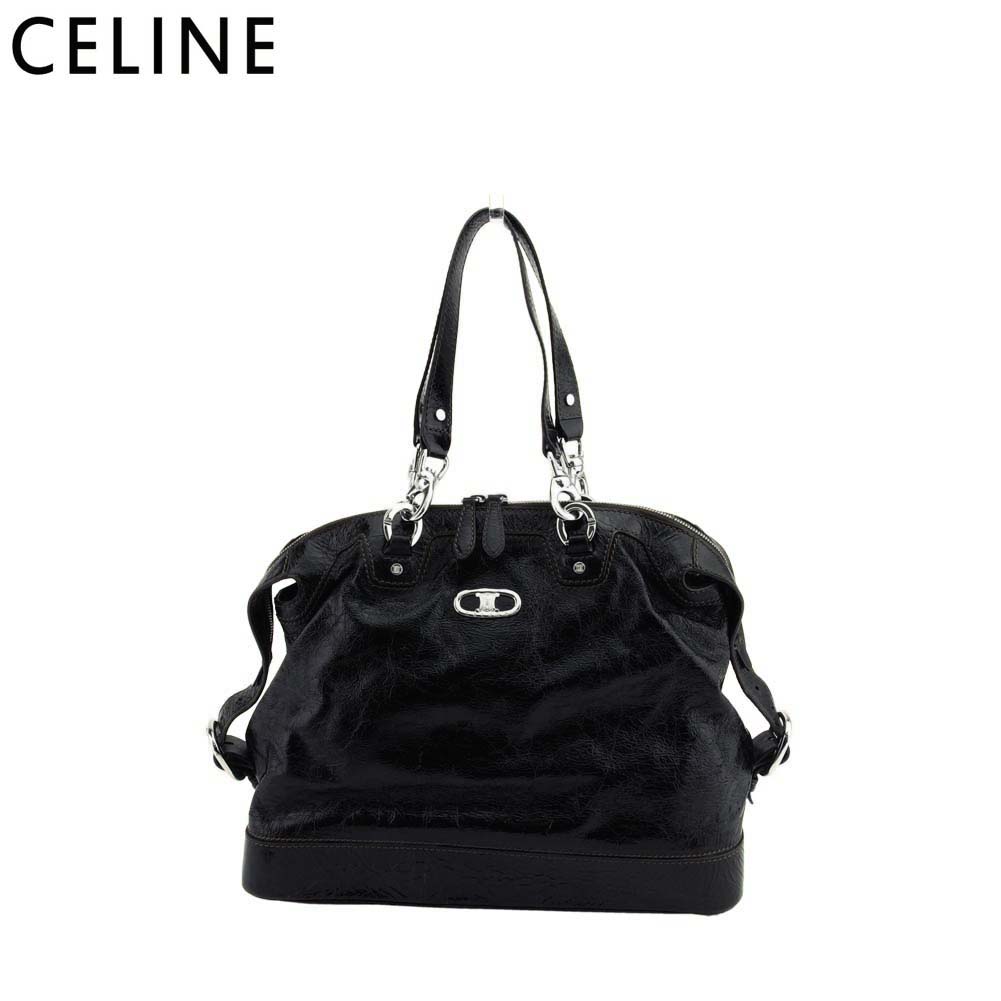 【お買い物マラソン★30％OFFクーポン】セリーヌ CELINE トートバッグ トリオンフプレート クラック加工 グリーン ブラウン シルバー メンズ 中古 ブランド ハイブランド ヴィンテージ